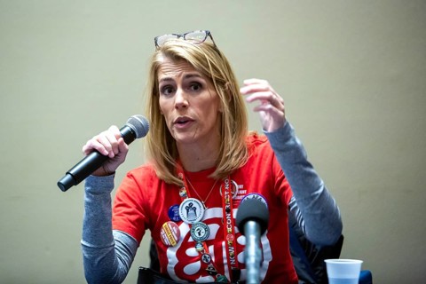 Chicago, Illinois, Sara Nelson, president of the Association of Flight Attendants-CWA, speaks at