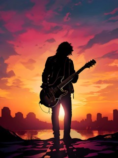 Illustration of a rock star silhouette clutching guitar against abstract urban skyline morphing