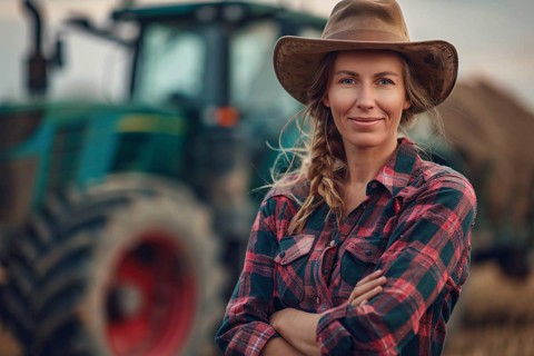 Portrait of farmer woman with blurry tracktor in background. Generative Ai, AI generated
