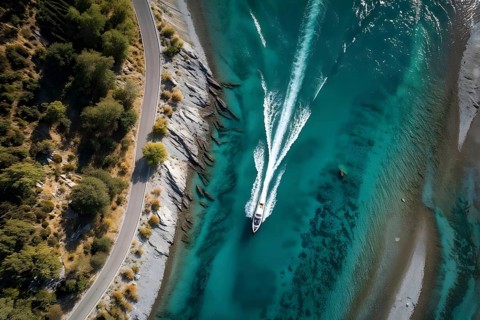 Aerial view on a high speed boat racing along a rivers serpentine, AI generated