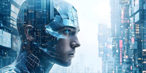Digital representation of a multiple exposure photograph featuring a cyber human and an urban