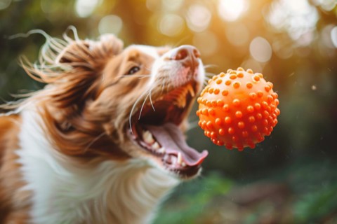 Dog playing fetch with orange ball toy. KI generiert, generiert, AI generated