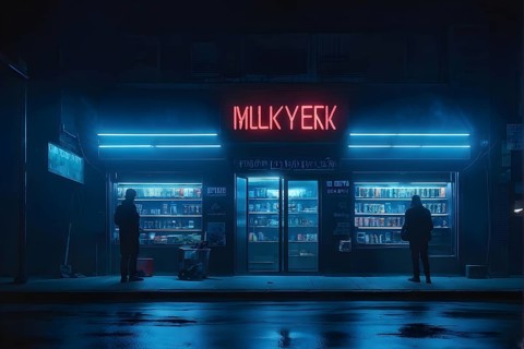 AI generated symbolic dark web marketplace concept with digital storefronts illuminated by neon