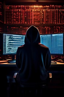 AI generated hooded man clutching a laptop symbolizing cyber criminality
