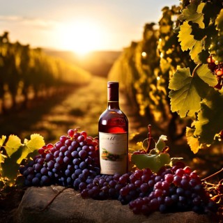 Aged bottle of wine glowing under the low sun with a vineyard in the background, AI generated