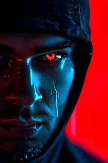 AI generated close up on security camera cyber hackers face digitally imposed on the lens