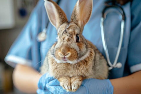 Bunny being held by vet in blue scrub. KI generiert, generiert, AI generated