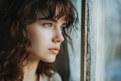 Portrait of young woman in thoughts looking out of window. Generative Ai, AI generated