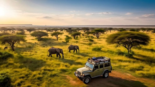 Aerial view of african savanna with elephants and a safari jeep parked, AI generated
