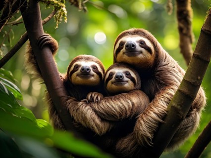 Sloth family lounging in jungle treetops, AI generated