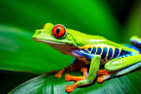 Red eyed tree frog lounging atop a tropical leaf, AI generated