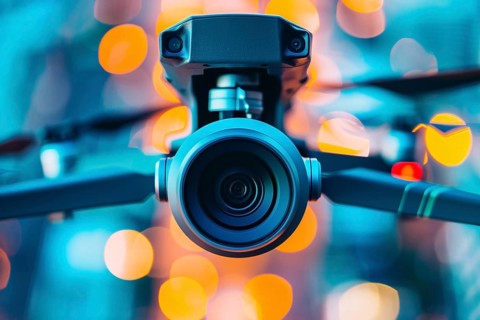 Video and photo camera lens of flying drone. Generative Ai, AI generated