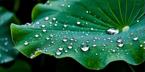 Close up of a lotus leaf showcasing its hydrophobic tendencies repelling water droplets, AI