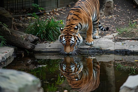 Tiger drinking water in zoo. Generative Ai, AI generated