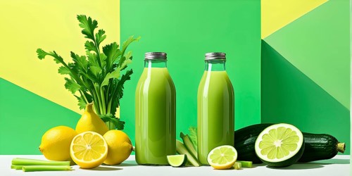 Bottle of vibrant green detox juice surrounded by green fruit and vegetables, AI generated