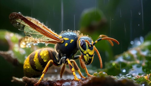 Close up of a wasp glistening with delicate raindrops on its wings, AI generated