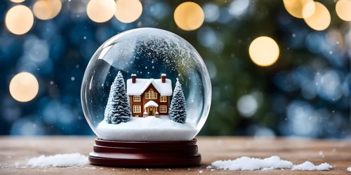 Winter Wonderland in Glass Ball Snow Globe on table and blurred bokeh background, AI generated