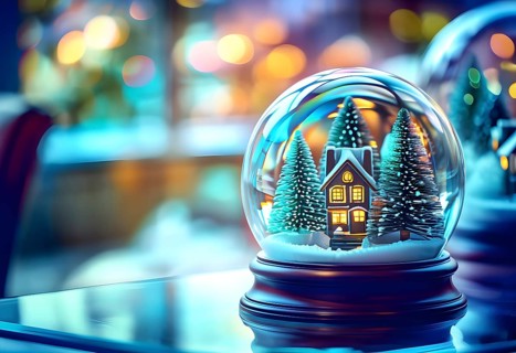 Winter Wonderland in Glass Ball Snow Globe on table and blurred bokeh background, AI generated