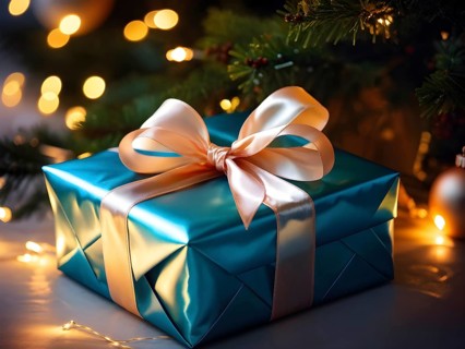 Close-up of a beautifully wrapped Christmas gift with a satin ribbon, set under a glowing Christmas