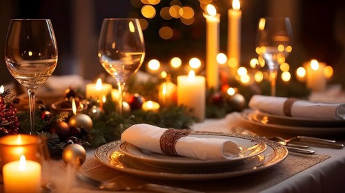Close up of Christmas dinner table with traditional festive foods and ambient candlelight, AI