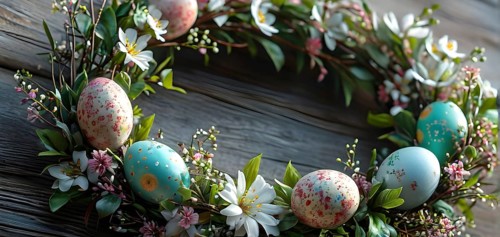 Spring wreath with pastel ribbons, speckled eggs, and blooming flowers, hanging on a wooden