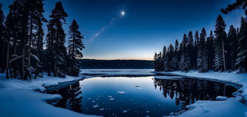 Tranquil winter night scene with a crescent moon and stars shining brightly over a frozen lake,
