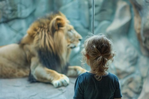 Young girl child watching lion in zoo behind glass. Generative AI, AI generated