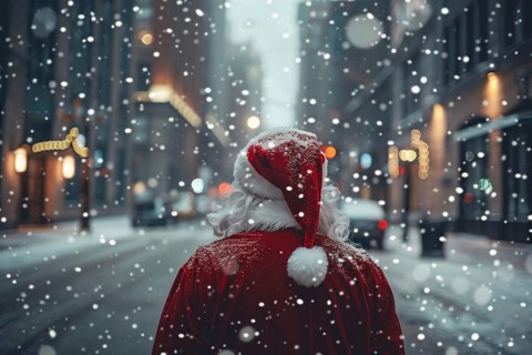 Back view of Santa Claus with red hat and cloak and snow in blurry city in background. Generative