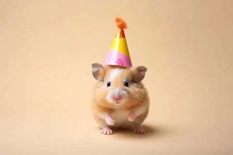 Small cute hamster with birthday party hat. KI generiert, generiert AI generated