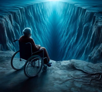 An old woman sits in a wheelchair on a precipice, symbolic image of illness, psychology, AI