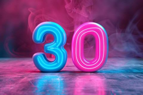 Neon pink and blue glowing number 30. KI generiert, generiert, AI generated