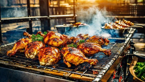Food, grilled chicken pieces at a grill station, AI generated, AI generated