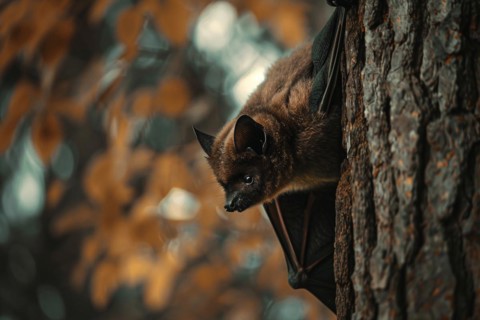 Cute small bat clinging to tree. KI generiert, generiert, AI generated