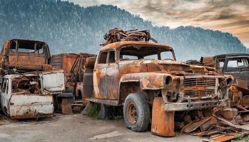 A collection of rusty, abandoned cars in a junkyard with a mountainous landscape in the background,