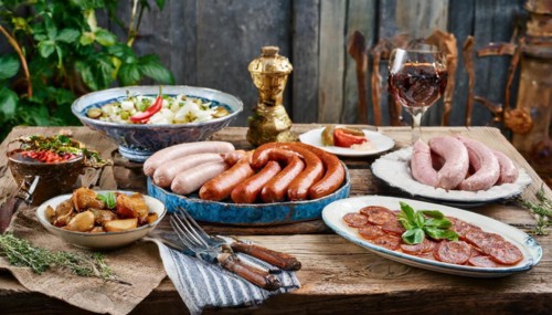 Food, dishes, different types of sausage on a rustic table, AI generated, AI generated