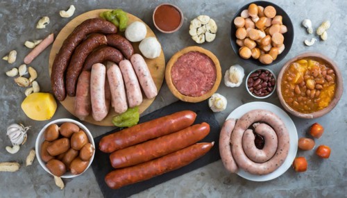 Food, dishes, different types of sausage on a table, AI generated, AI generated