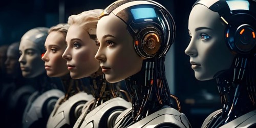Advanced humanoid robot heads illustrating future robot concepts, AI generated