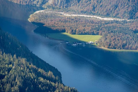 View of Königssee with pilgrimage church St. Bartholomä, from the Jenner, Berchtesgaden National