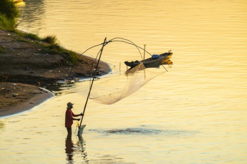 Fisherman with a sinking net at sunset on the Mekong, Luang Prabang, Laos, Asia