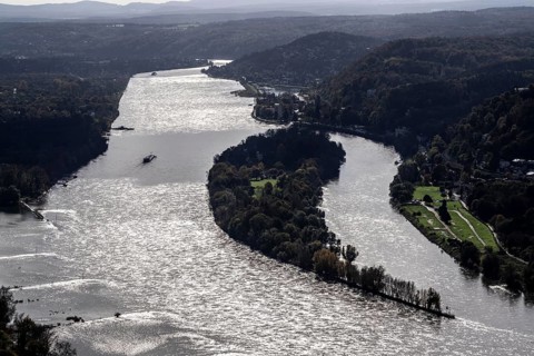 View of the Rhine, looking south, Nonnenwerth is an island on the Rhine between Rolandswerth and