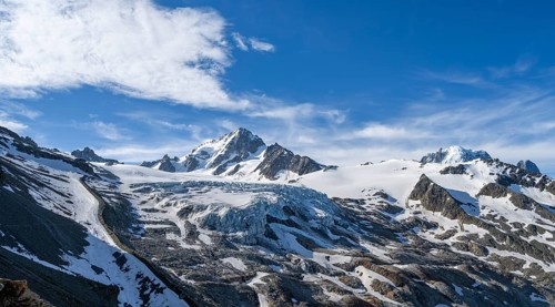 High alpine mountain landscape, summit of the Aiguille de Chardonnet and Glacier du Tour, glaciers