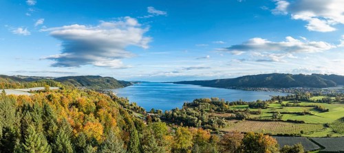 Aerial view, panorama of the Stockach Aach estuary with autumnal vegetation at the northwest bay of