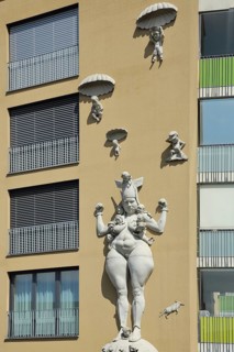 Sculpture Battle for Europe by Peter Lenk 2013, modern building, Radolfzell, Untersee, Lake