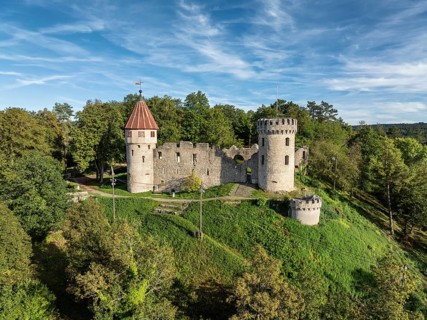 Aerial view of the Honburg castle ruins on the Honberg above the town of Tuttlingen, district of