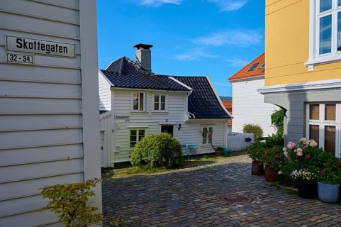 Historic town centre of Bergen, cobblestone streets surrounded by traditional half-timbered houses