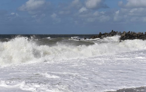 Tetrapods during a storm at the North Sea, Denmark, Europe
