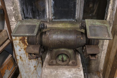 Old grinding machine in a former LPG workshop in the GDR, Mecklenburg-Vorpommern, Germany, Europe