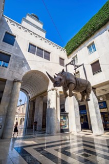 Hanging sculpture of a rhinoceros, Brescia, Lombardy, Italy, Europe