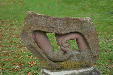 Two hands by Joachim Mennicken 2002, modern art, sandstone, looped, folded, bent, inside, into each