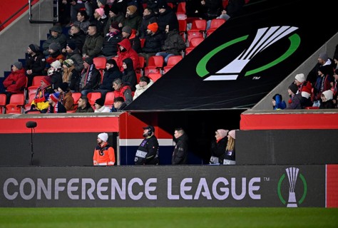Logo, perimeter advertising, UEFA Conference League, Voith-Arena, Heidenheim, Baden-Württemberg,